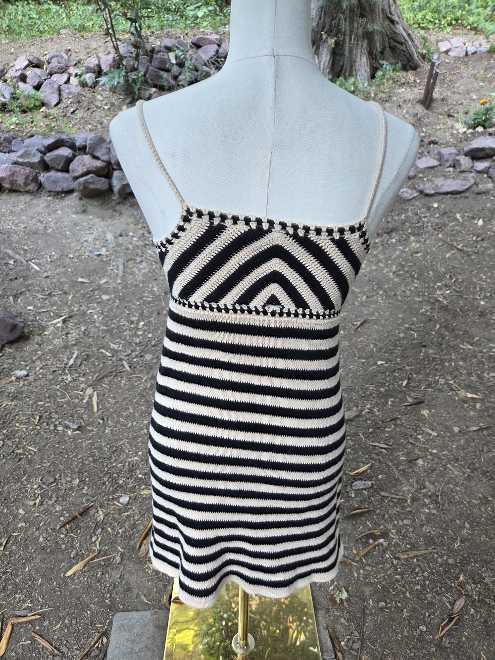 Miou Muse Striped Black and Cream Knit Spaghetti Strap Dress - Picture 6 of 8
